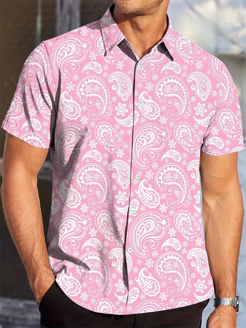 Camicie Hawaii per uomo T-shirt a maniche corte con grafica Paisley 3D Bottoni con risvolto casual Top maschili T-shirt da uomo bohémien oversize estive