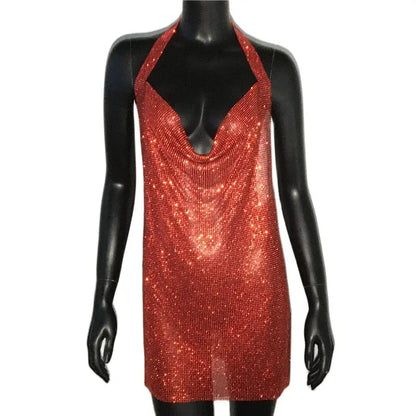 Mini abito sexy con scollo a V senza schienale per le donne Abiti da sera da club per feste con strass lucidi con scollo all'americana e spacco laterale
