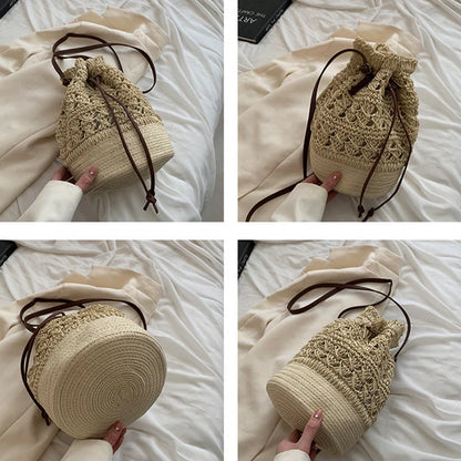 Borsa a tracolla da spiaggia in paglia estiva da donna fatta a mano borsa a tracolla con coulisse cava intrecciata borsa da viaggio con Design femminile di moda lavorata a maglia