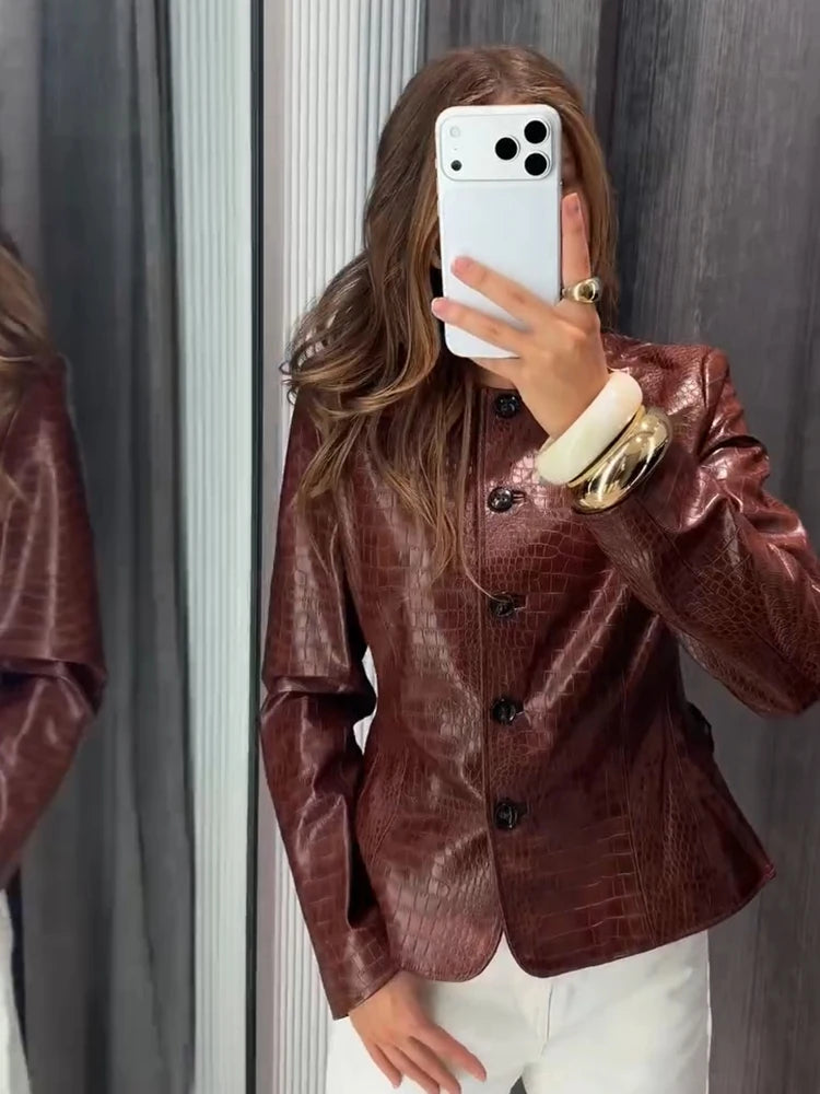 Giacca da donna in pelle PU tinta unita con colletto alla coreana e bottoni, cerniere, cappotto da donna, moda autunno 2026, capospalla femminile streetwear