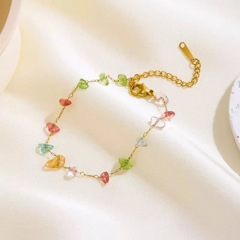 Yupsk Summer New Stainless Steel Colorful Stone Beads Necklace Bracelet Jewelry Set for Women Girls Fashion Accessories