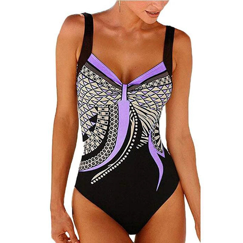 2024 Vintage Einteiliger Badeanzug Damen Bademode Bauchweg Monokini Sexy Bodysuit Print Badeanzug Weibliche Strandmode Übergröße