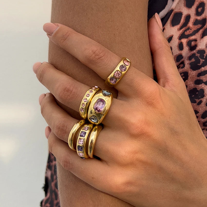 Salircon 6 Pz/set Intarsiato Zircone Viola Anello di Apertura Regolabile Set Donne Anello di Colore Oro Liscio per il Regalo Dei Gioielli Quotidiani Femminili