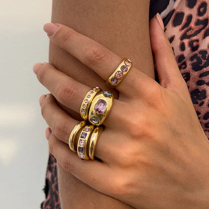 Salircon 6 Pz/set Intarsiato Zircone Viola Anello di Apertura Regolabile Set Donne Anello di Colore Oro Liscio per il Regalo Dei Gioielli Quotidiani Femminili