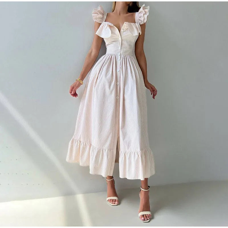 BKQU Abito lungo elegante con maniche volanti a righe con volant Abito lungo da donna chic con colletto quadrato sottile monopetto Abito lungo da festa estivo femminile