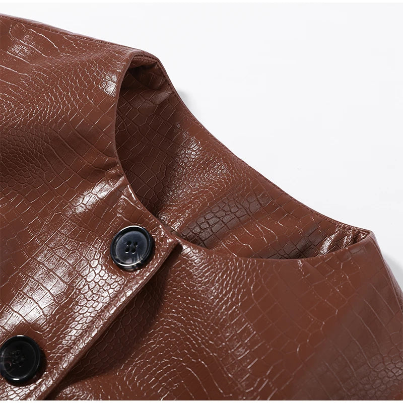 Giacca da donna in pelle PU tinta unita con colletto alla coreana e bottoni, cerniere, cappotto da donna, moda autunno 2026, capospalla femminile streetwear
