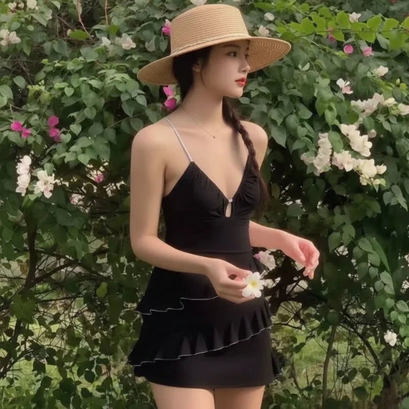 INS Style Sexy Push Up Chest One Piece Swimsuit Women Strap Ruffle Trim Slim Fit Cute Yet Sultry Minimalist for Beach Vacation