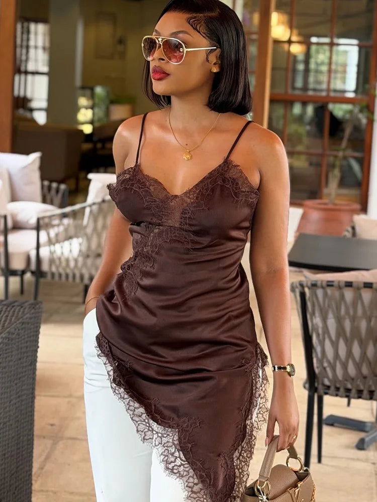 HH Summer Sexy Party Sling Dress per le donne senza maniche asimmetria pizzo splicing backless halter neck moda abiti slim