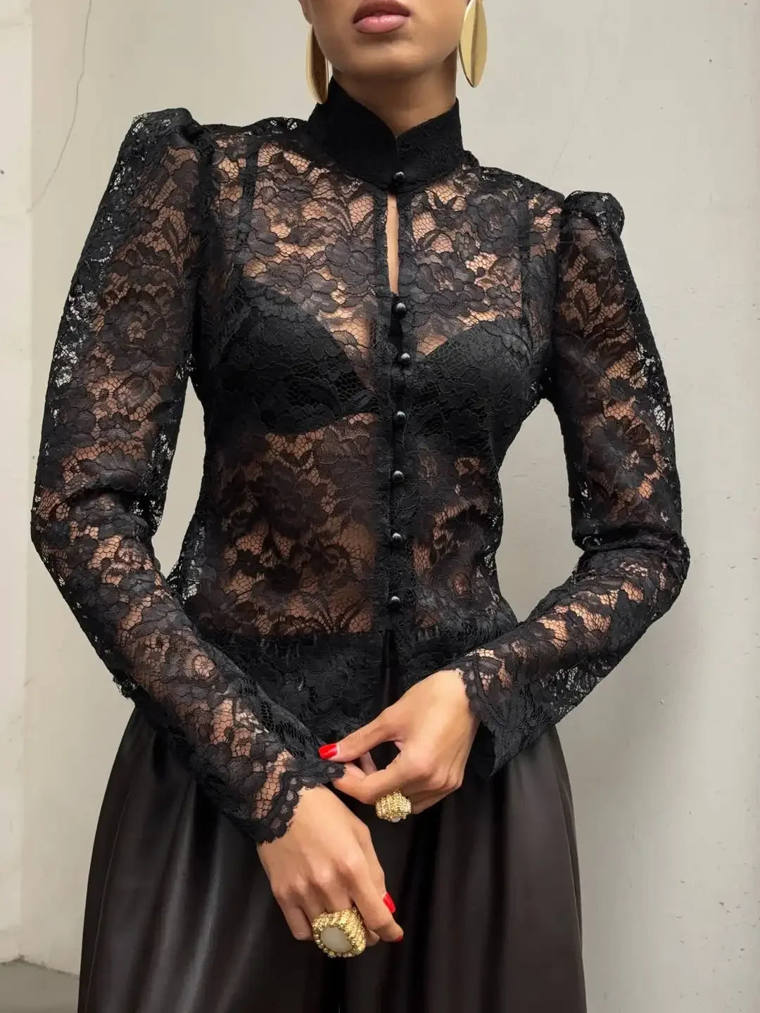 Elegante pizzo vedere attraverso camicia cinese donna sexy manica intera monopetto slim camicetta corta 2026 Lady Daily Street Shirts