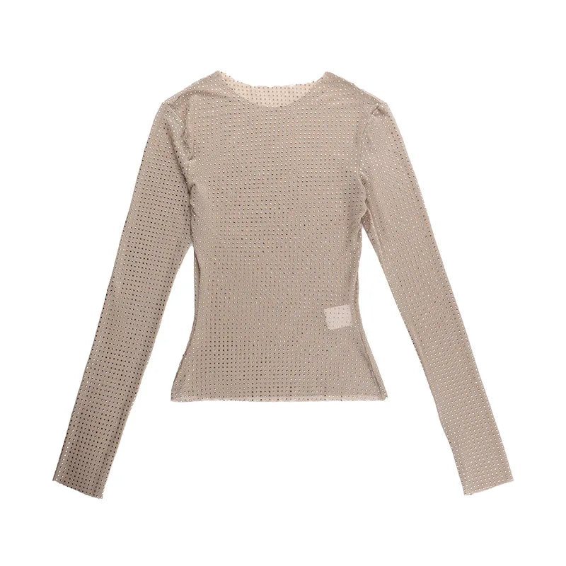 T-shirt d'été pour femme - Col rond - Coupe ajustée - Style européen et américain - Perspective sexy - Manches longues - Hauts - Vêtements pour femme