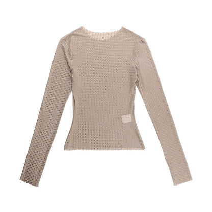 T-shirt d'été pour femme - Col rond - Coupe ajustée - Style européen et américain - Perspective sexy - Manches longues - Hauts - Vêtements pour femme