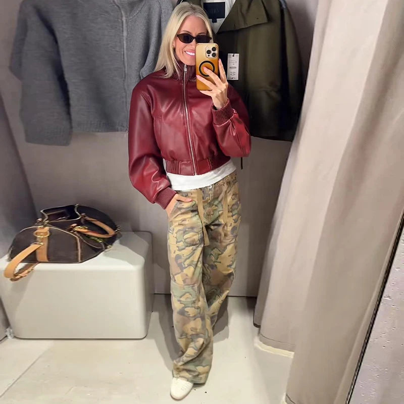 Pantaloni da donna con stampa mimetica, vita con coulisse, gamba larga, taglio ampio, orlo con coulisse, vestibilità comoda, pantaloni casual, streetwear, nuova moda 2026