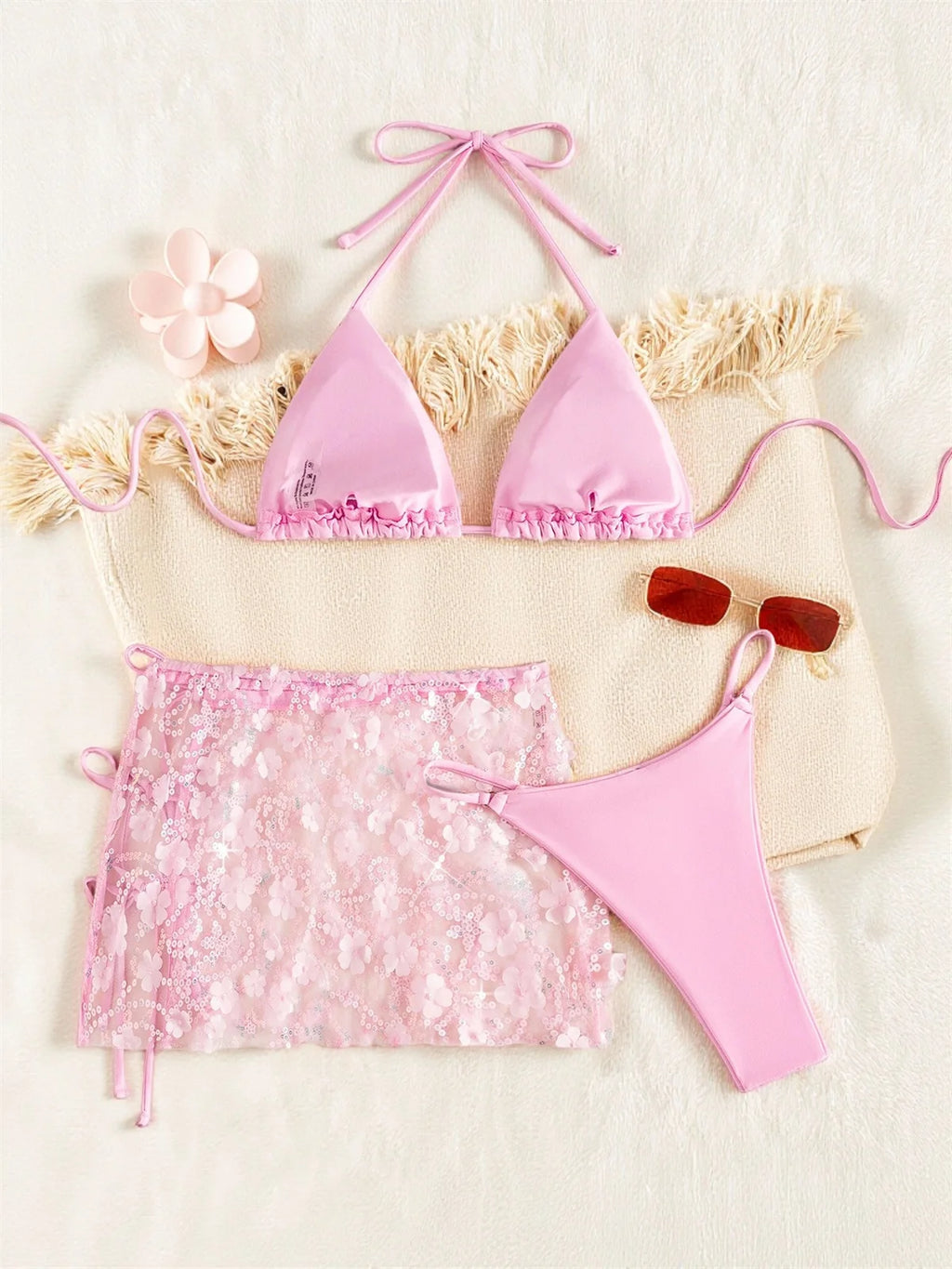 Costume da bagno a 3 pezzi con gonna in rete rosa con paillettes, reggiseno push-up e perizoma, stile brasiliano, per donna, ideale per le vacanze.