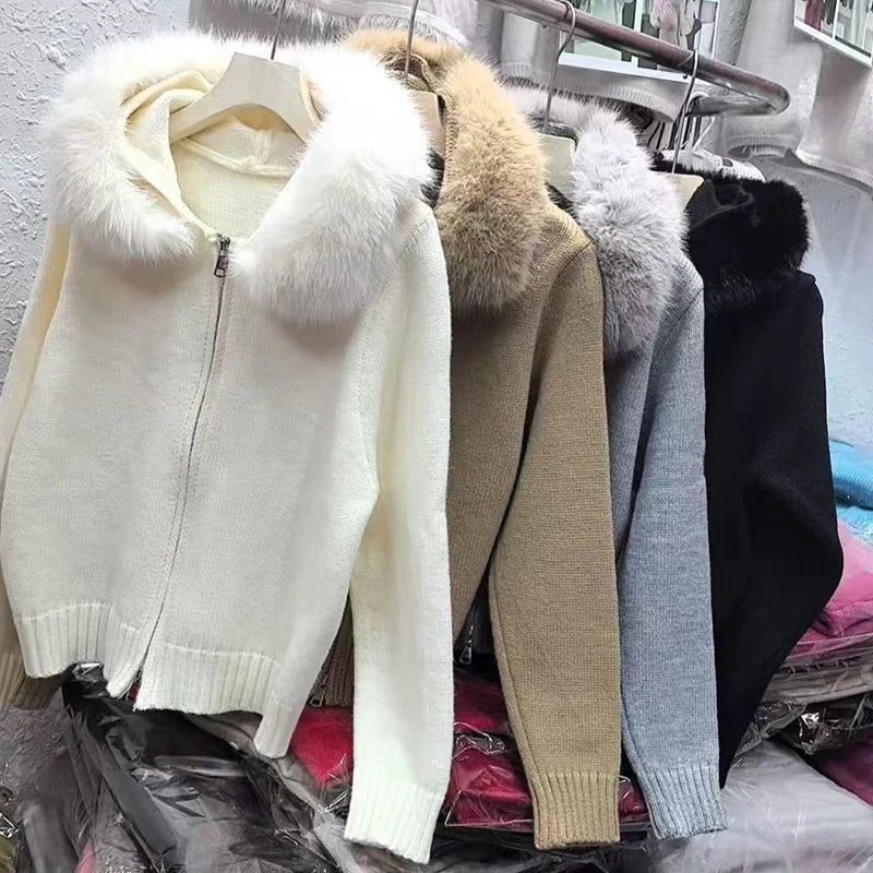 Giacca cardigan con collo in pelliccia coreana da donna nuova cardigan lavorato a maglia a maniche lunghe con cerniera donna cappotto maglione con cappuccio caldo chic femminile