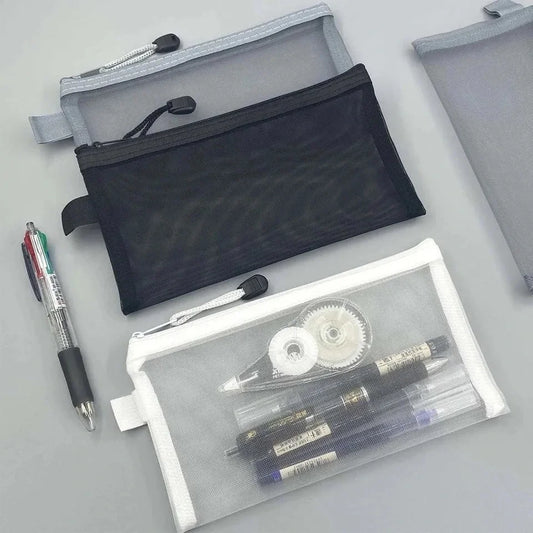 Borsa per penne in rete con cerniera trasparente in nylon Borse per file per studenti Borsa speciale per garza in rete per esame Custodia per trucco per cosmetici in rete per i viaggi