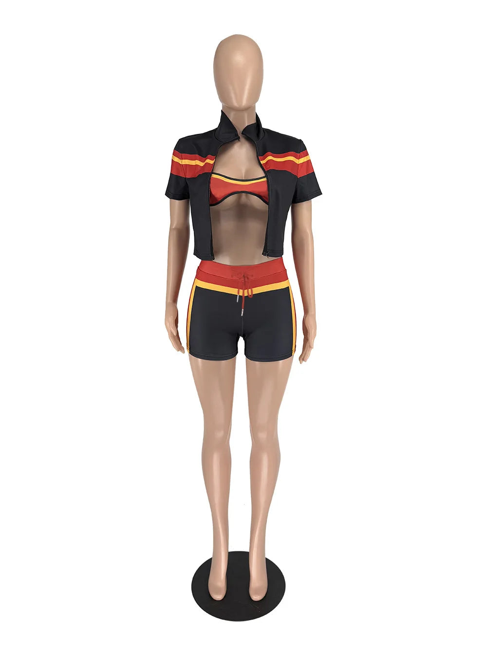 Sommer Sexy 3-teiliges Set Damen Fitnessstudio Outfits Farbblock Trainingsanzug BH Reißverschlussjacke und Shorts Sets Damen Club Abendkleidung