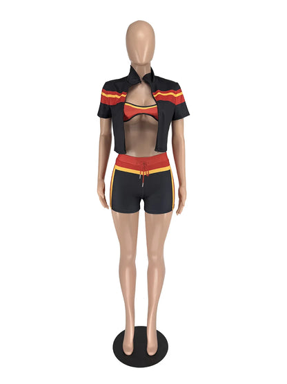 Sommer Sexy 3-teiliges Set Damen Fitnessstudio Outfits Farbblock Trainingsanzug BH Reißverschlussjacke und Shorts Sets Damen Club Abendkleidung
