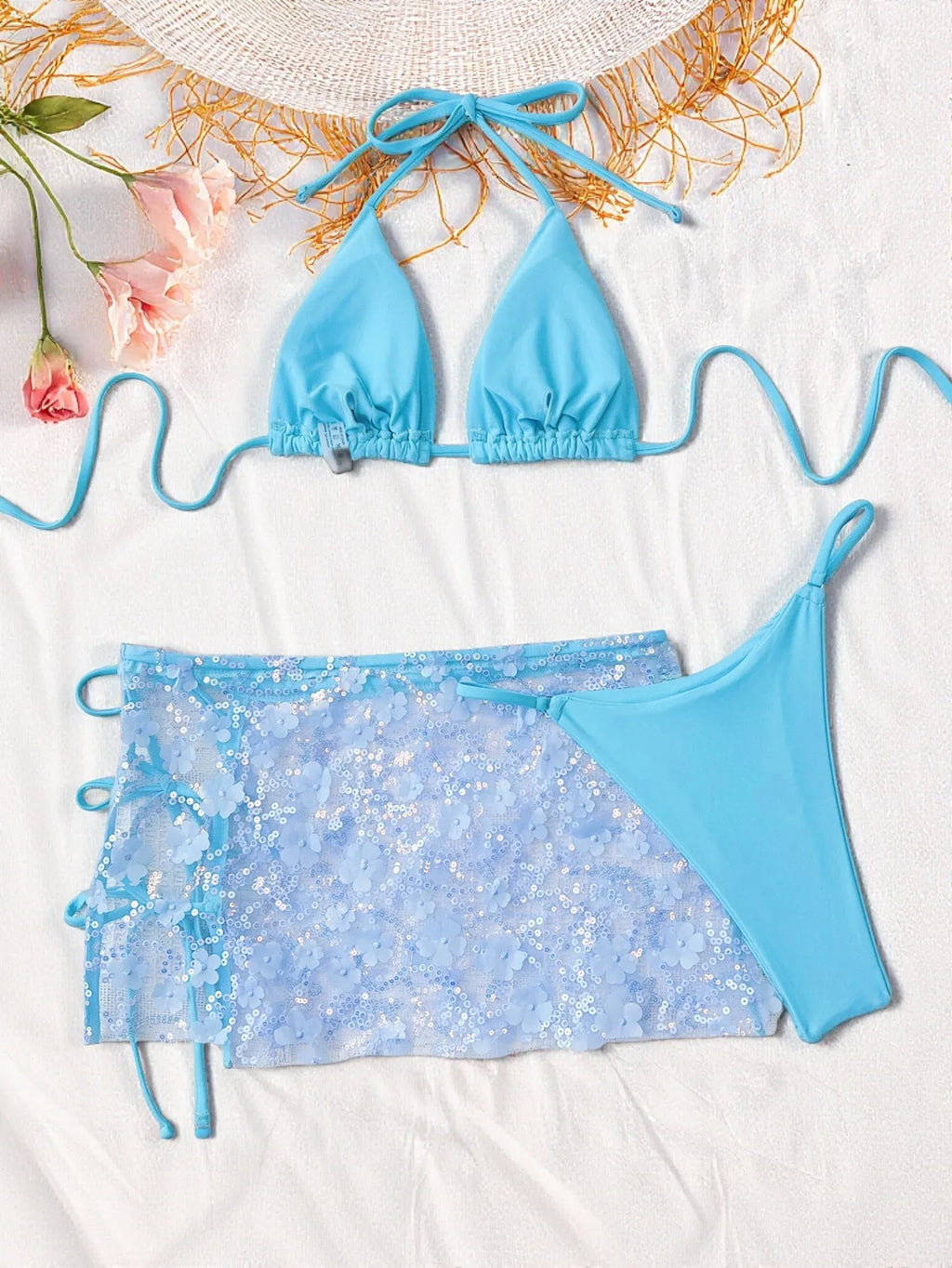 Costume da bagno a 3 pezzi con gonna in rete rosa con paillettes, reggiseno push-up e perizoma, stile brasiliano, per donna, ideale per le vacanze.