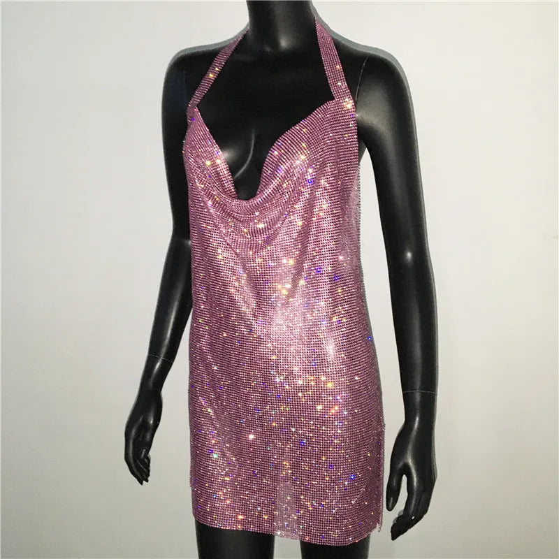Mini abito sexy con scollo a V senza schienale per le donne Abiti da sera da club per feste con strass lucidi con scollo all'americana e spacco laterale