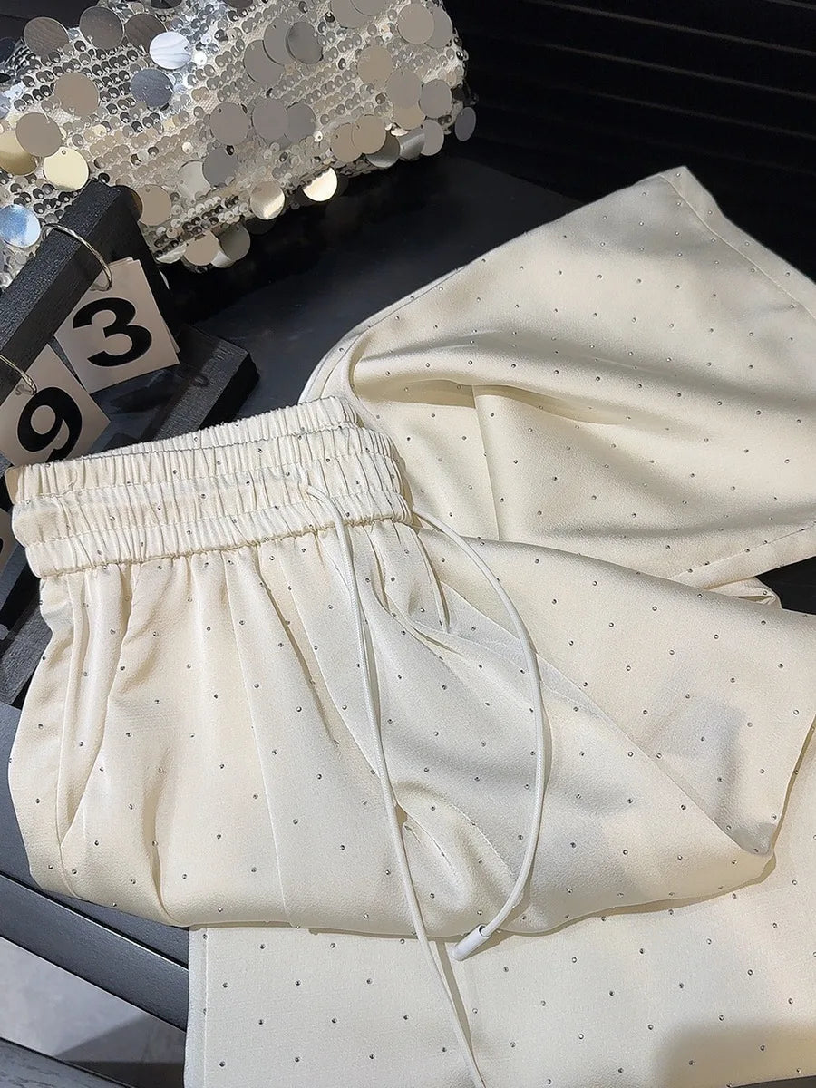 2026 Pantaloni a gamba larga con strass pieni di lusso di alta qualità Moda nuovi pantaloni dritti a vita alta con coulisse Pantaloni casual da donna