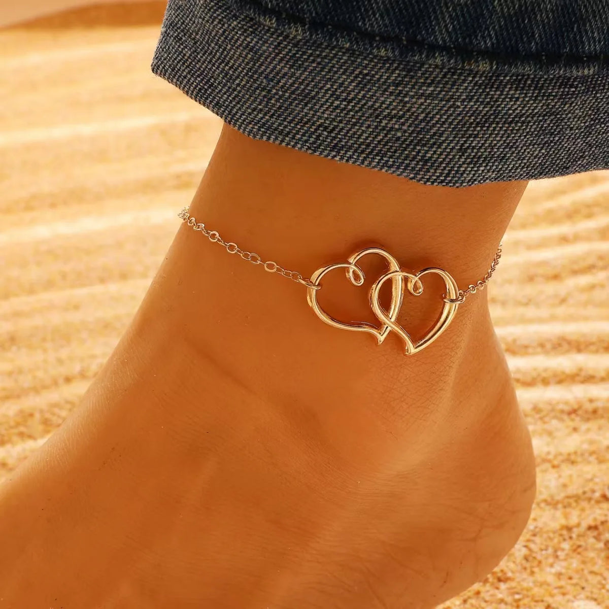 Cavigliera con perline a strati della Boemia per le donne Bracciale alla caviglia con ciondolo a doppio cuore cavo Regalo di gioielli per le vacanze estive al mare