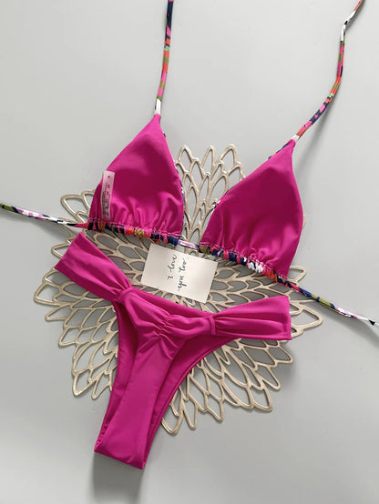 Spice Girl Style Printed Split Swimsuit Color Contrast Sexy Swimwear Holiday Women Bikini