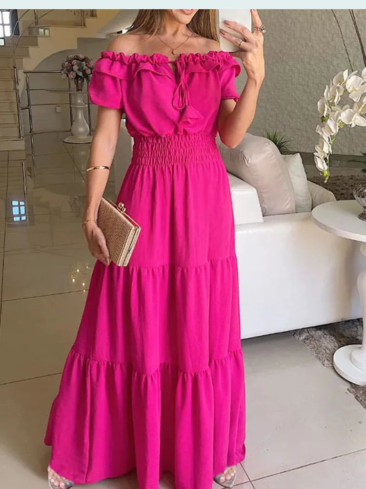 2025 Abito estivo Boho solido Moda donna Elegante abito da festa in spiaggia Casual Slash Neck Office Maxi abiti per donna Robe Femme