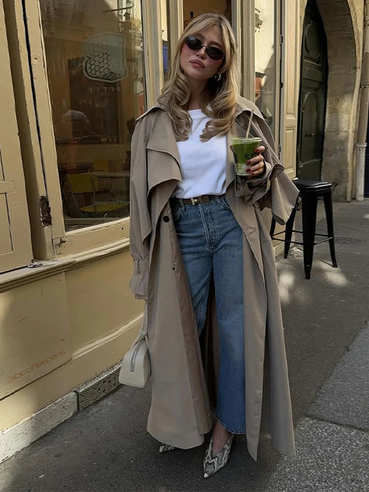 Trench lungo con lacci solido Moda donna Manica intera Risvolto monopetto Capispalla allentato Lady Autunno Cappotto Highstreet quotidiano