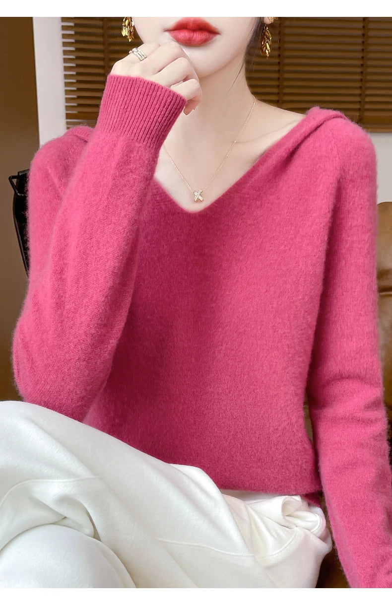 Abbigliamento donna autunno inverno colletto con cappuccio pullover maglione di lana merino 100% nuova moda top in cashmere che tocca il fondo maglieria morbida