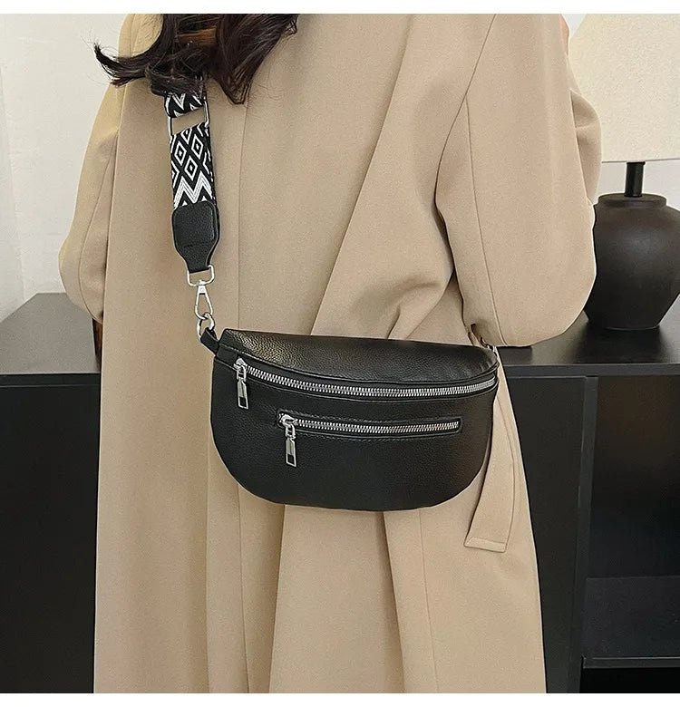 Marsupio da donna Marsupio da strada multitasche Borsa da petto in pelle PU Borsa a tracolla con tracolla larga alla moda Borse a tracolla solide retrò