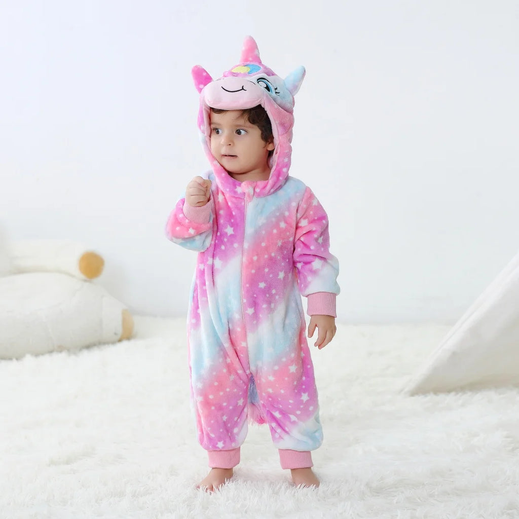 Tute per bambini unicorno con cappello Pagliaccetti per bambini in flanella per ragazzi e ragazze Tute intere a maniche lunghe Pigiama intero morbido e traspirante