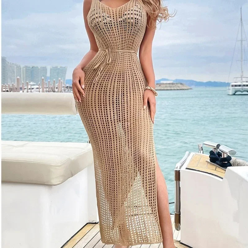 New Women's Sexy Knitted Midi Dresses Summer Elegant Beachwear Hollow Out Fishnet Bikini Cover-ups Vacation Long Dress for Girls