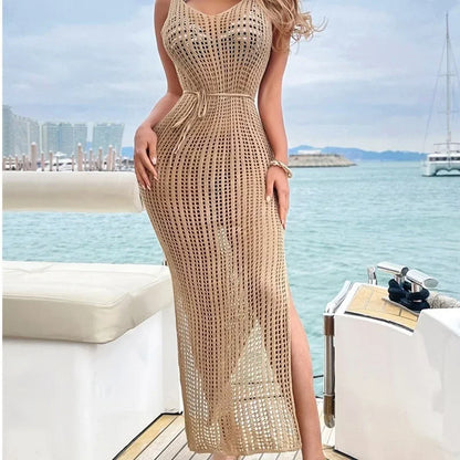 New Women's Sexy Knitted Midi Dresses Summer Elegant Beachwear Hollow Out Fishnet Bikini Cover-ups Vacation Long Dress for Girls
