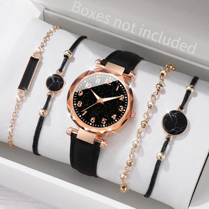 5 pezzi/set braccialetti per orologi da donna set orologio al quarzo con cinturino in pelle con quadrante cielo stellato alla moda