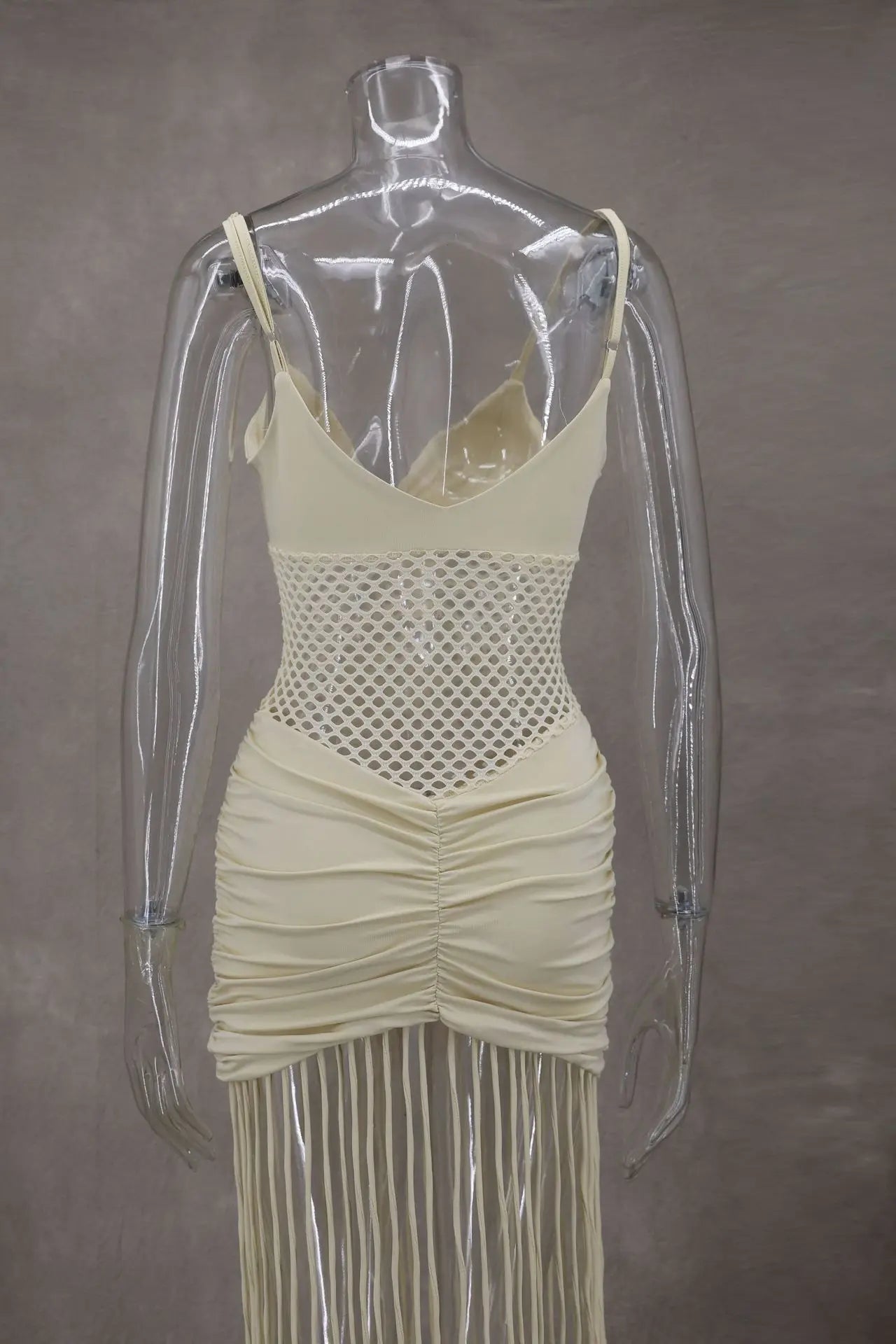 Abito con fionda con giunture sull'orlo con nappa Abito da donna sexy con vita scava fuori Abiti aderenti pieghettati elasticizzati Abito da spiaggia estivo solido femminile