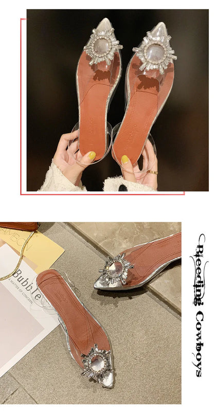 Sandali con tacco alto a punta da donna estivi Pantofola in vetro trasparente Tacco spesso Scarpe alla moda a forma di vetro da vino