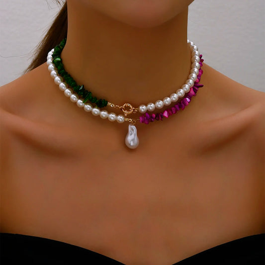 2023 tendenza elegante gioielli da sposa grande collana di perle per le donne moda imitazione perla verde rosa pietra di colore collana girocollo