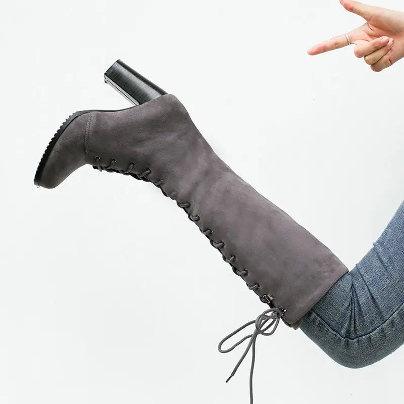 Knee-high Boots Woman Fashion Round Toe High Heeled Thigh High Boots Female Winter Warm Long Boots Grey Black Size 34-43