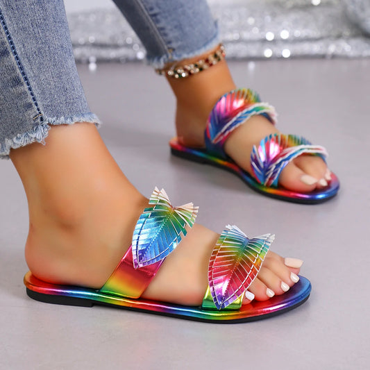 Nuovi Sandali Estivi Piatti da Donna, Sandali Monofascia Iridiscenti Sfumati alla Moda, Scarpe da Spiaggia Versatili Virali su Internet, Morbidi e Confortevoli