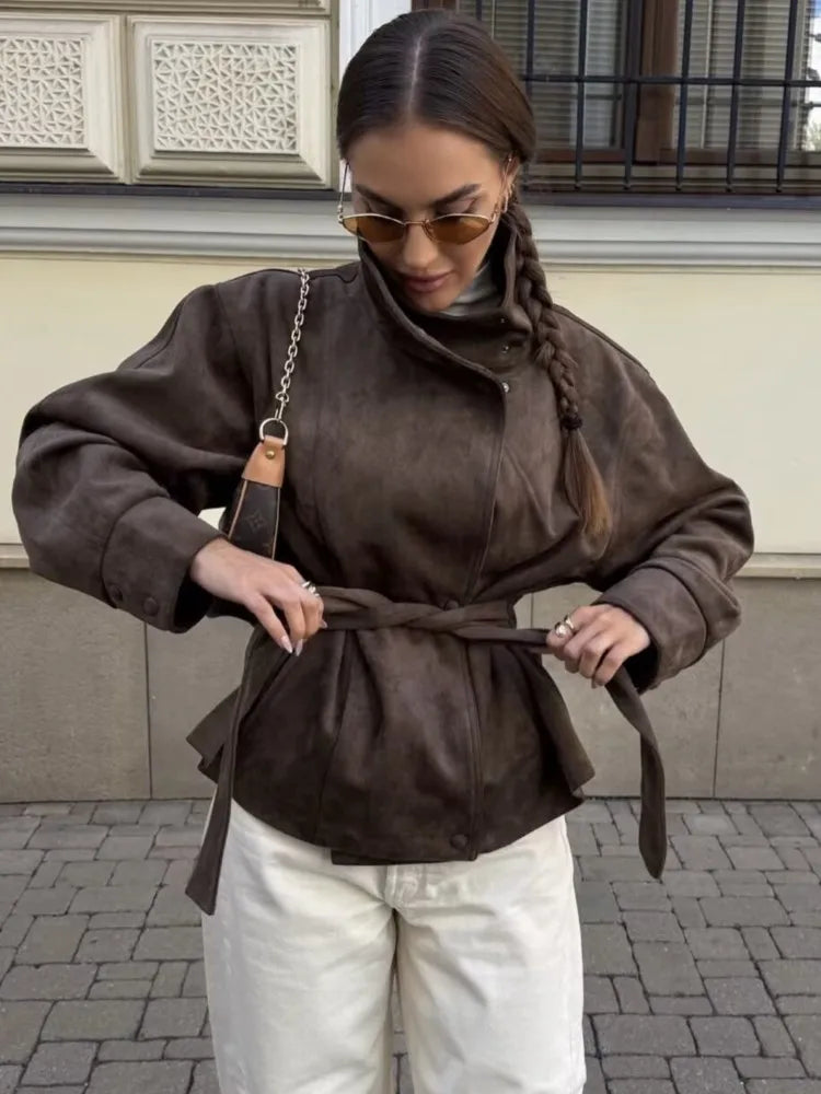 Giacche Invernali da Donna con Cintura, Nuova Collezione Autunno 2026, Collo Alto, Maniche Lunghe, Bottoni, Tasche, Giacca in Finta Pelle Scamosciata, Cappotti Chic da Donna