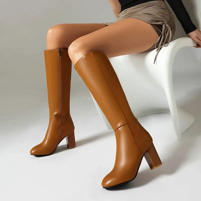 Black Long Boots Women's Fashionable Thick Heels Side Zipper Ladies Shoes Soft PU Leather Knee High Boots Plus Size 43 44 45 46