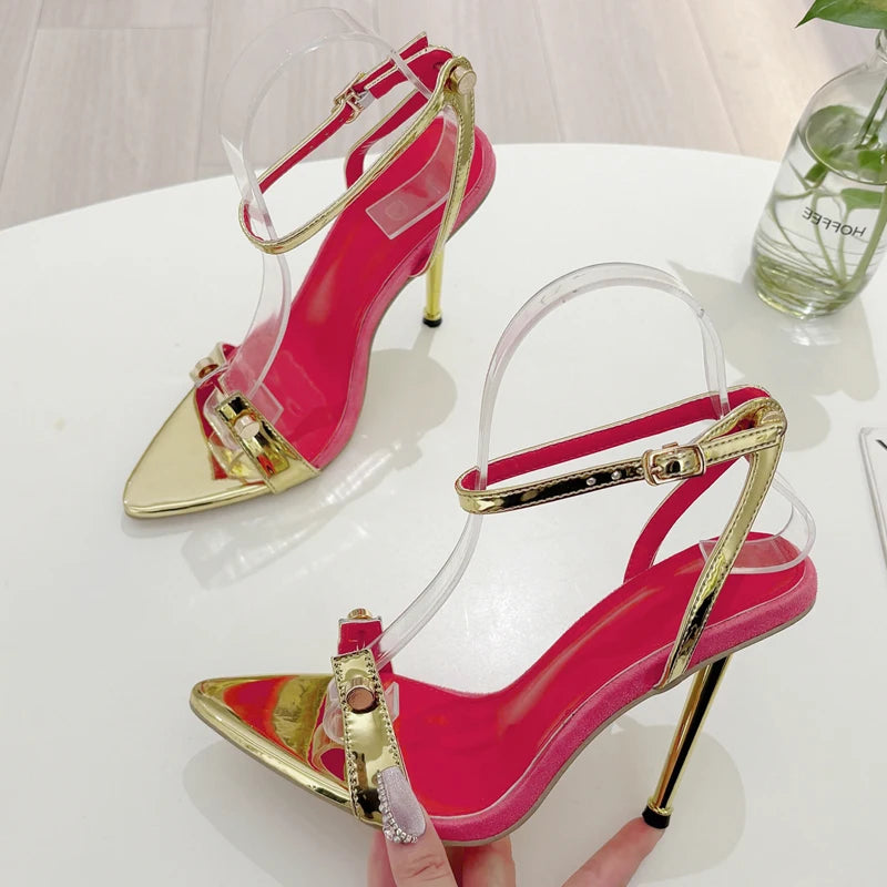 Eilyken Estate Oro Argento Rivetto Design Fibbia Cinturino Sandali da donna Sexy Open Toe Stripper Tacchi sottili Scarpe Zapatos Mujer