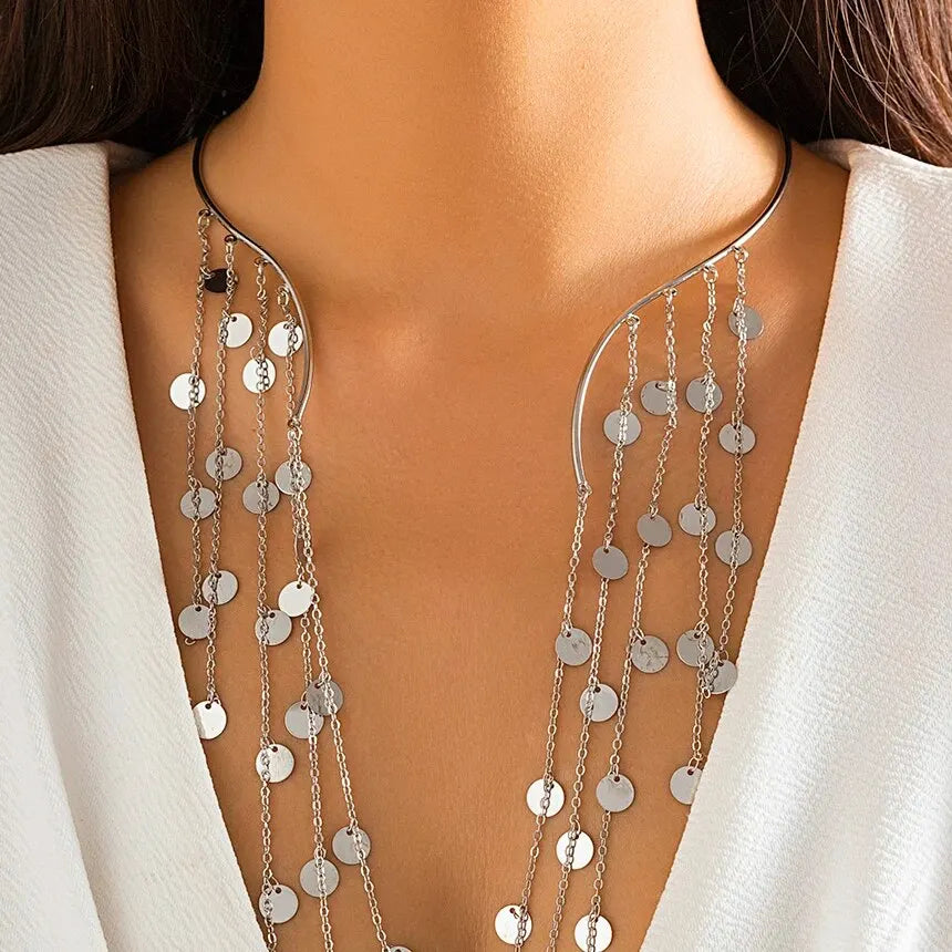 Sexy Goth lungo nappa paillettes imitazione perla ciondolo aperto Torques collana girocollo per le donne Vintage petto catena mer accessori