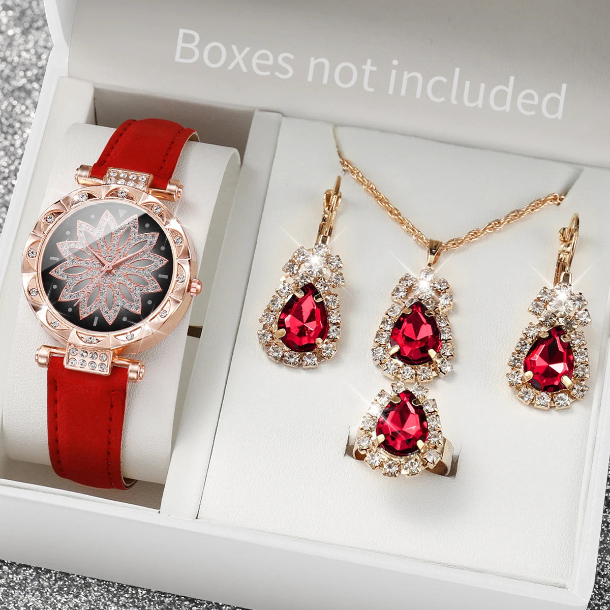5 pz/set moda donna orologio quadrante fiore orologi al quarzo cinturino in pelle orologi da polso Set di gioielli con strass (senza scatola)