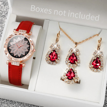 5 pz/set moda donna orologio quadrante fiore orologi al quarzo cinturino in pelle orologi da polso Set di gioielli con strass (senza scatola)