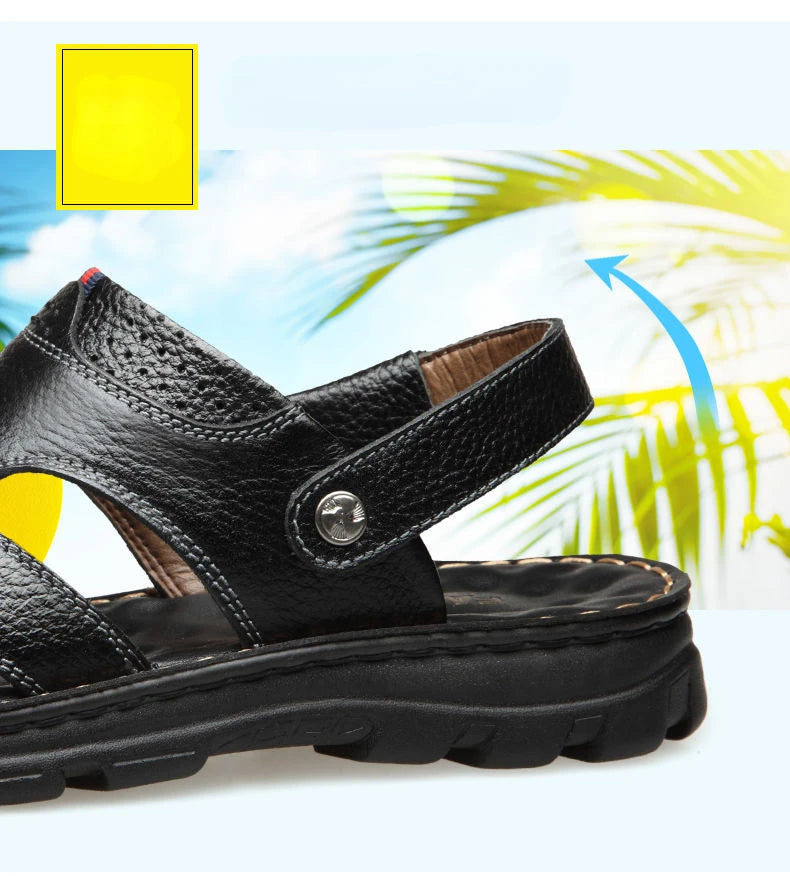 Herren-Ledersandalen für den Sommer, rutschfeste Herrenschuhe aus echtem Leder, Hausschuhe, Strandschuhe mit dicker Sohle für draußen, bequeme, weiche Herren-Sandalen