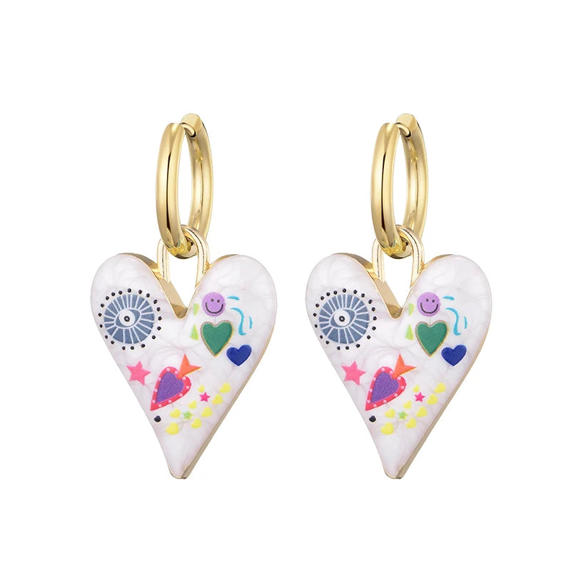 Nuovi orecchini a cerchio in acciaio inossidabile con occhio di cuore carino alla moda per le donne Gioielli femminili di amore con pendente color oro smaltato vintage colorato