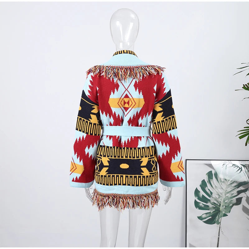 Cardigan in maglia con stampa Boho da donna Top con frange e cintura maglione a maniche lunghe con lacci 2025 Nuovo outfit capispalla High Street