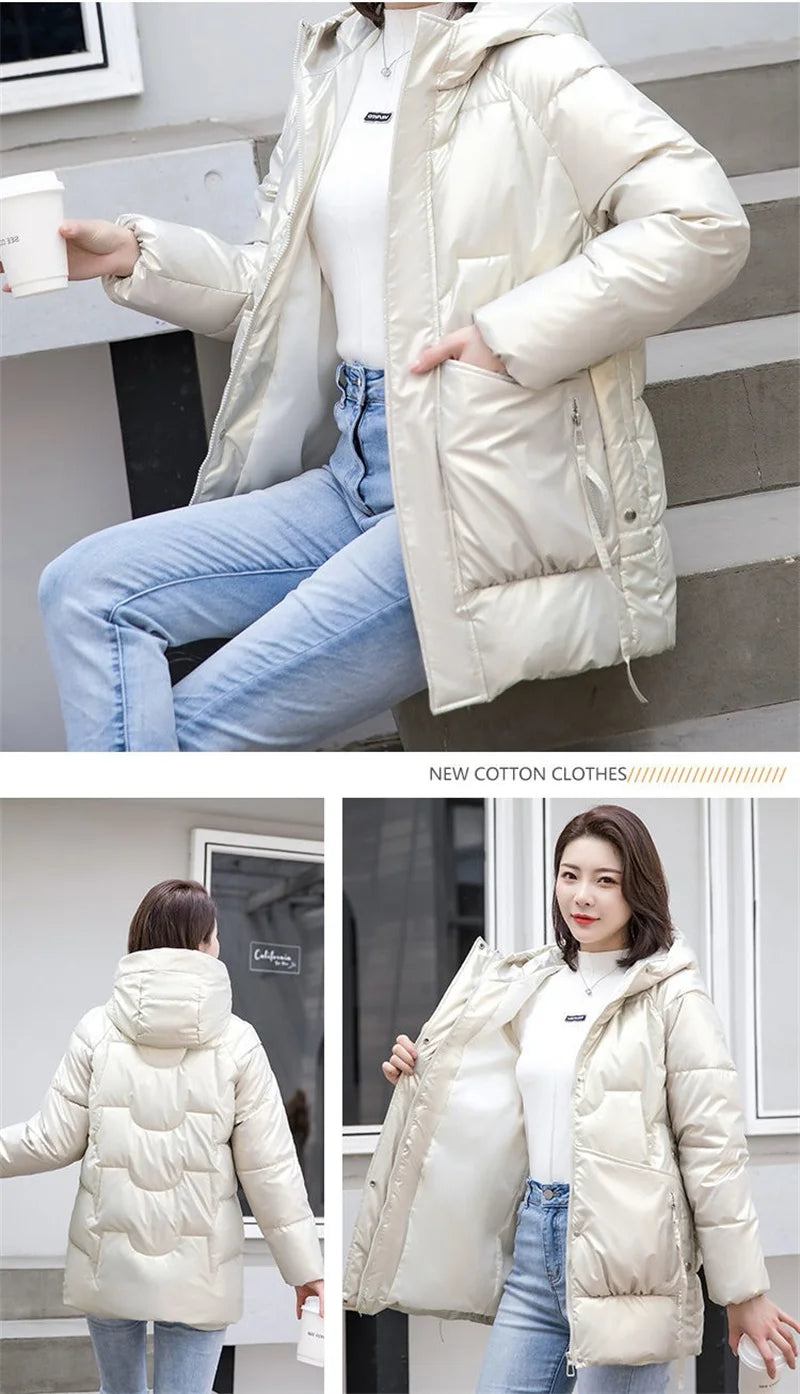 Nuova Giacca Invernale 2026 per Donna, Parka Lucido Imbottito in Cotone, Giacca Femminile Tinta Unita, Cappotto Caldo con Cappuccio