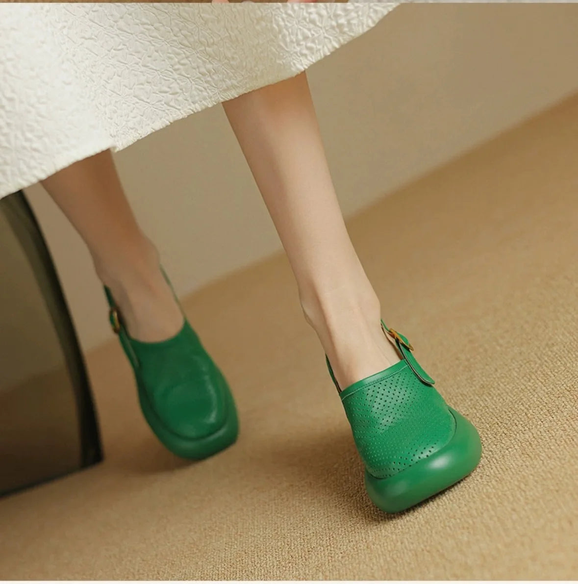 Sandali estivi Punta tonda Scava fuori Sandali con tacco alto per donna Sandali con plateau Zapatos Mujer Tacco grosso Scarpe di pelle di pecora Verde